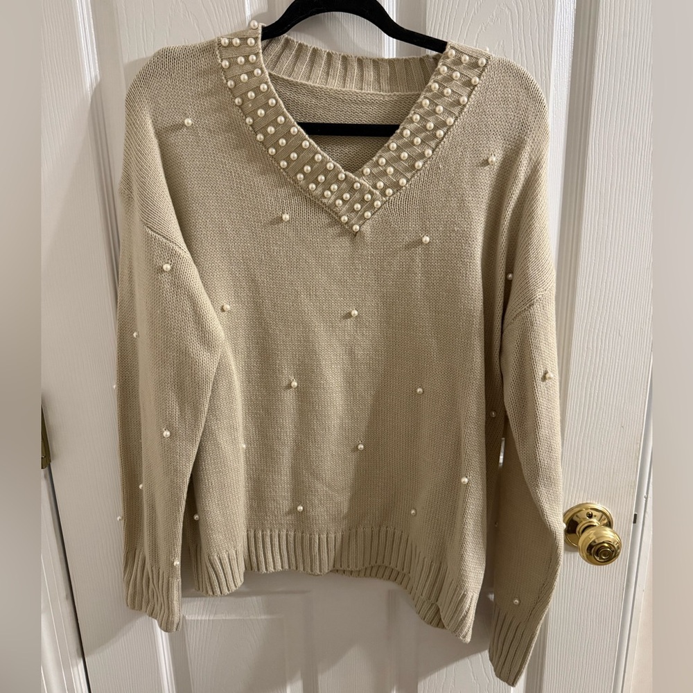 Elegant Pearl-Embellished Cream Sweater